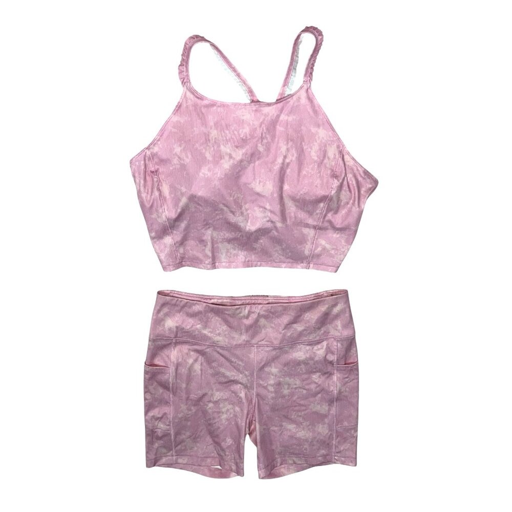 Tie-Dye Sports Bra & Shorts Set Sz XXL Pink Ruffled Straps Womens Activewear By